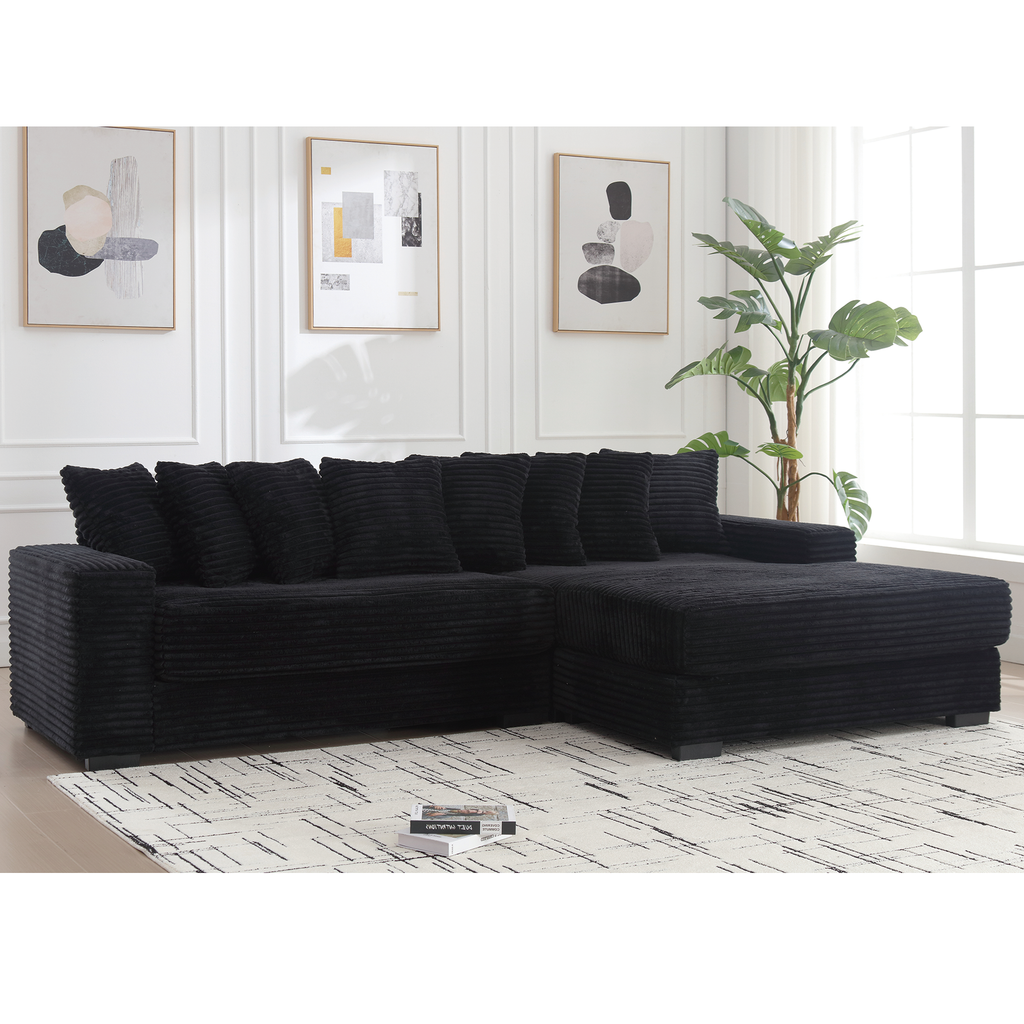 Oversized Two-Piece  Couches,  L Shaped Sofa, Corduroy, Right Chaise Daybed,with Armrests,Eight Throw Pillows,Corner Sofa,Easy To Assemble,  Black