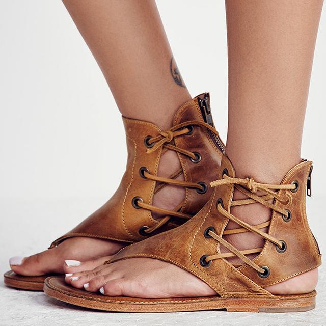 Flat Lace-up Women's Shoes, Zip Beach Sandals, Versatile Roman Shoes