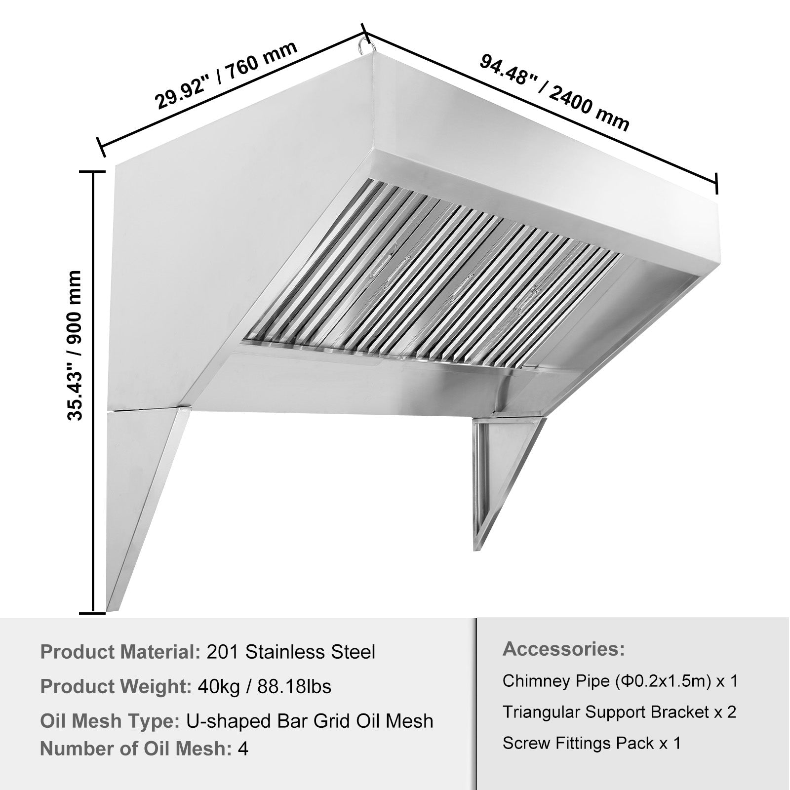Commercial Exhaust Hood, 8FT Food Truck Hood Exhaust, 201 Stainless Steel Concession Trailer Hood with 4 Detachable U-shaped Grid Oil Filter Mesh, Rust Resistant Vent Hood for Kitchen Restaurant