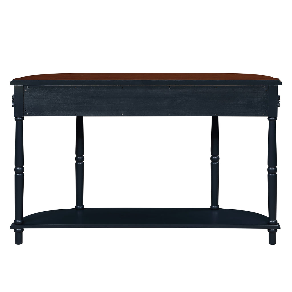 Retro Curved Wood Console Table, 52 inch Circular Half Moon Sofa Table with Open Shelf and 2 Drawers, Solid Wood Entry Table for Living Room, Hallway, Navy Blue + Brown Top