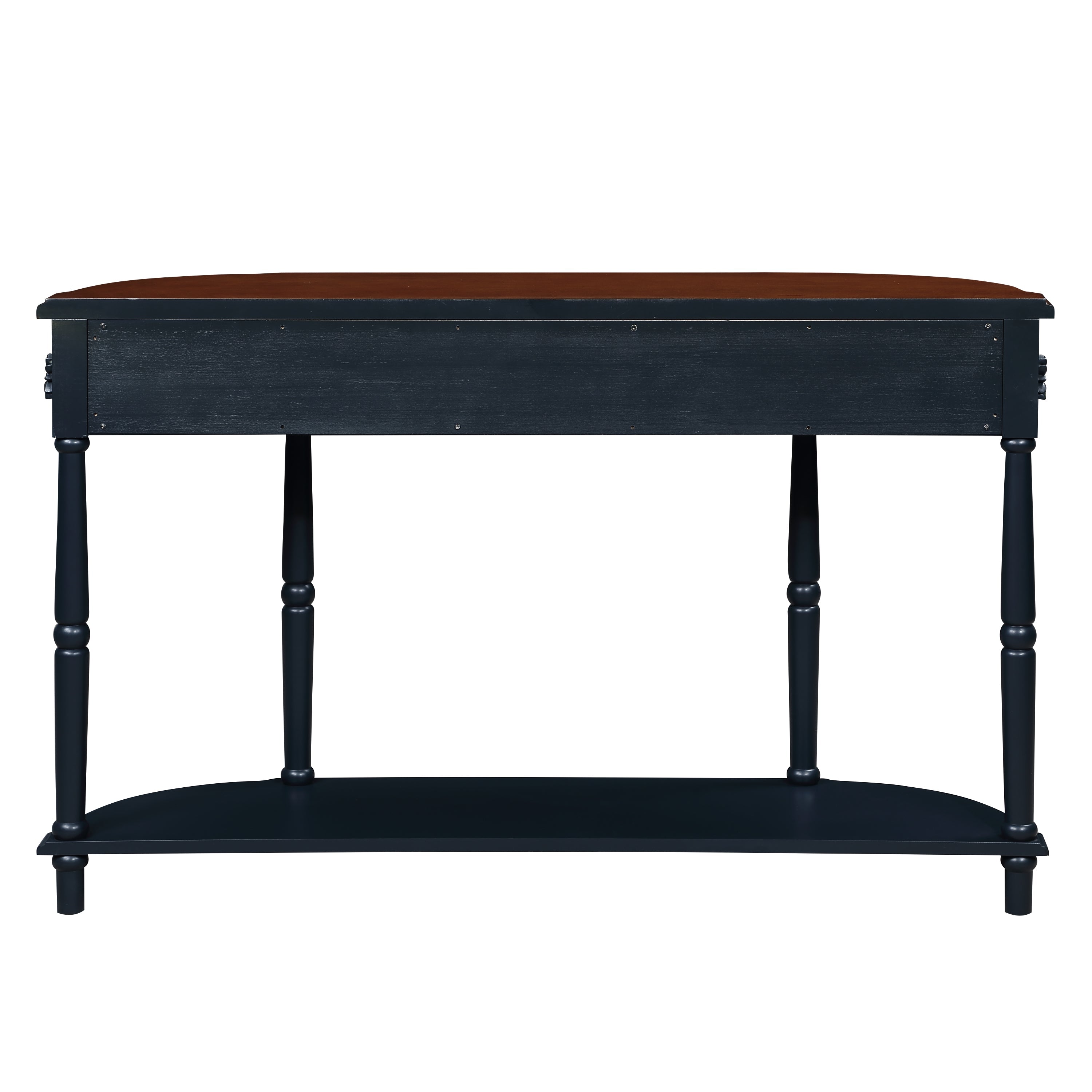 Retro Curved Wood Console Table, 52 inch Circular Half Moon Sofa Table with Open Shelf and 2 Drawers, Solid Wood Entry Table for Living Room, Hallway, Navy Blue + Brown Top