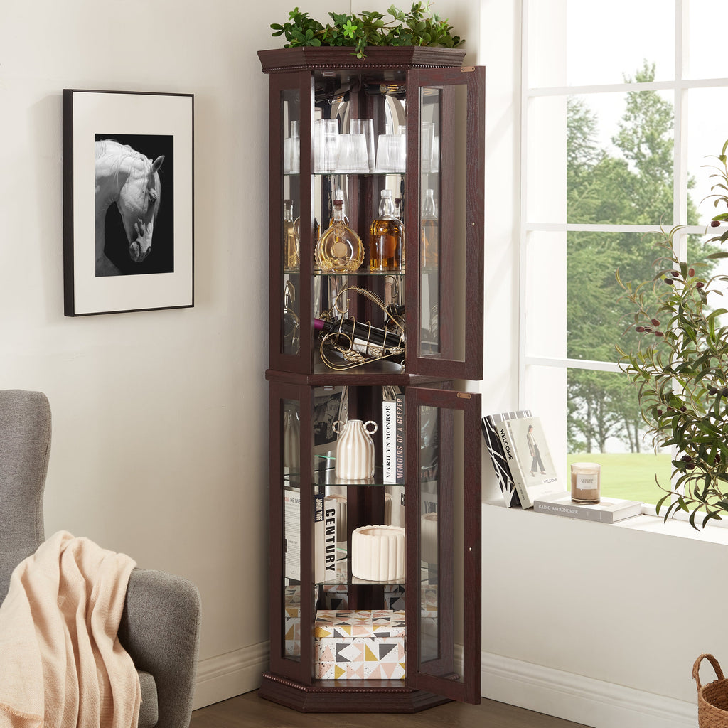 Lighted Corner Curio Cabinet - Glass Display Shelf with Tempered Glass Doors, Adjustable Shelving, and Included Bead Bulb - Ideal Bar Cabinet for Home Decor- DARK CHERRY