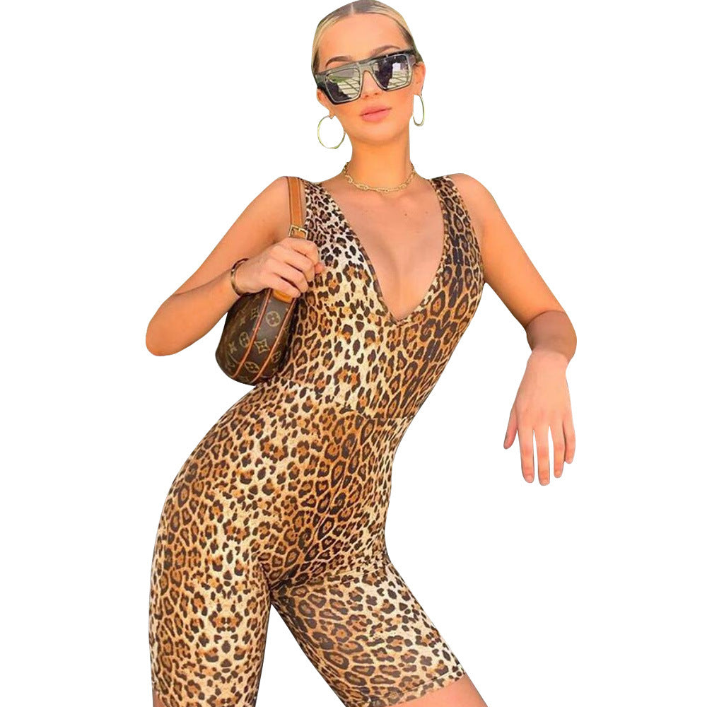 Summer Women's Sleeveless V-Neck Leopard Jumpsuit