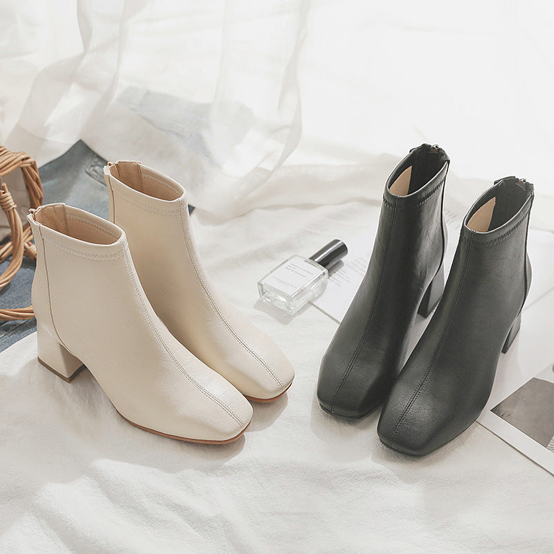 New Arrival White Chunky Heeled Ankle Boots for Women