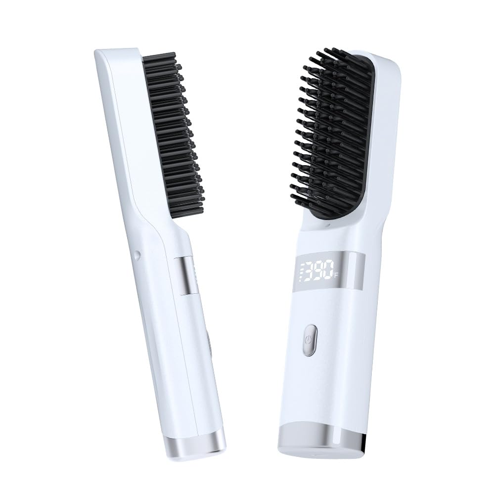 Cordless Hair Straightener Brush Portable on The go Comb for Travel USB chargingTwo Power sources40s Fast HeatingLCD Large Screen Display (White)