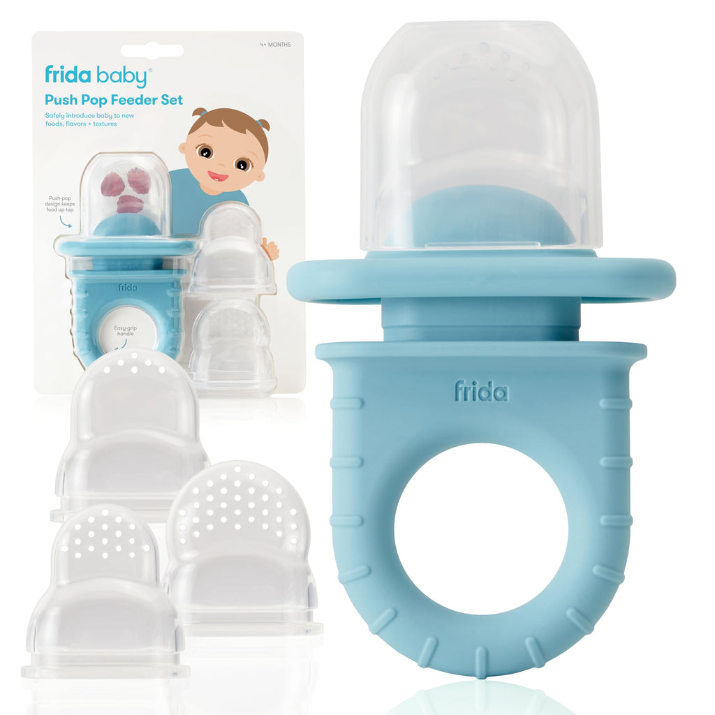 Frida Baby Push Pop Feeder Baby Fruit Feeder Baby Fruit Food Feeder to Safely Introduce New Foods Fresh + Frozen Food Silicone Feeder for Babies BPA Free Dishwasher Safe | 3 Count Blue