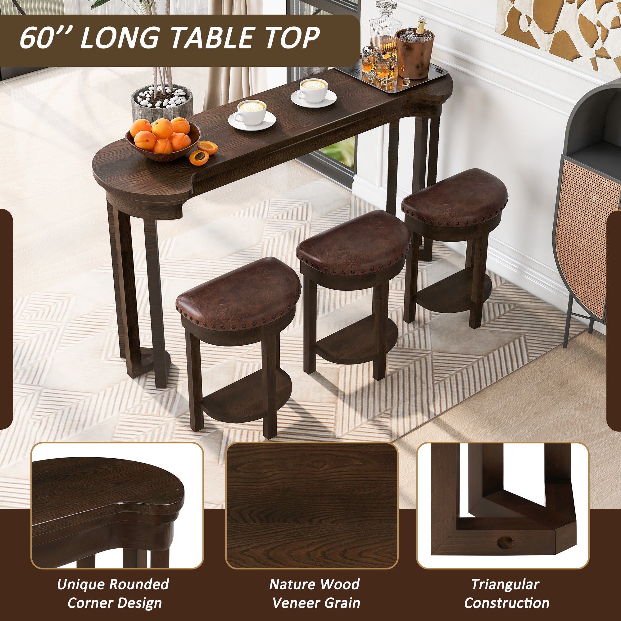 4 Piece Bar Table Set with3 PU Upholstered Bar Stools, Breakfast Table with 3 Padded Stools Solid Wood Counter Height Dining Table Set for Living Room, Dining Room.  Espresso