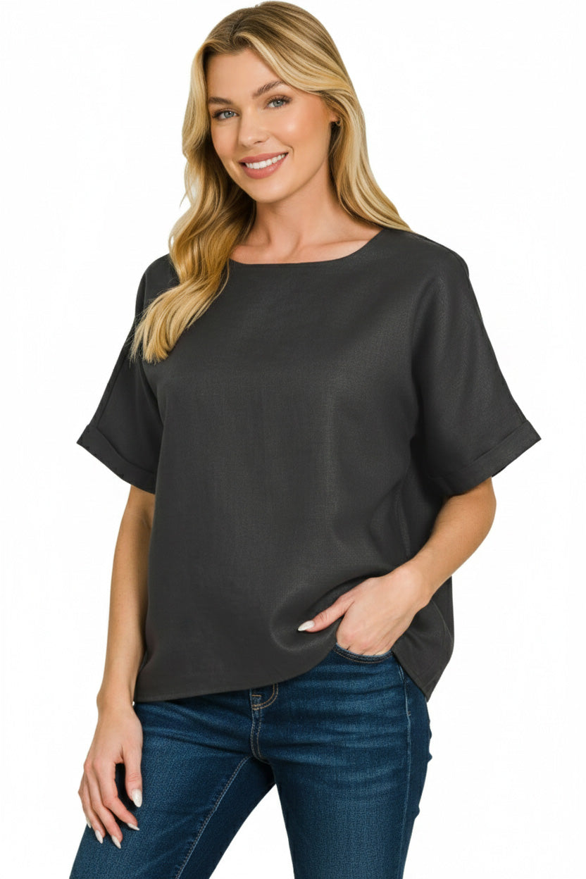 Zenana Linen Round Neck Cuffed Sleeve Top