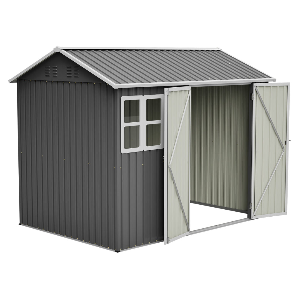 8'x6' Large Steel Storage Shed with Window, Lockable Doors & Sloped Roof, Heavy Duty Outdoor Tool Shed for Garden, Patio, Backyard, Lawn - Dark Gray