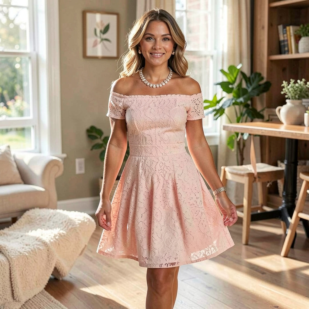 B Darlin Juniors Off-the-Shoulder Lace Dress, Blush, Size 11/12