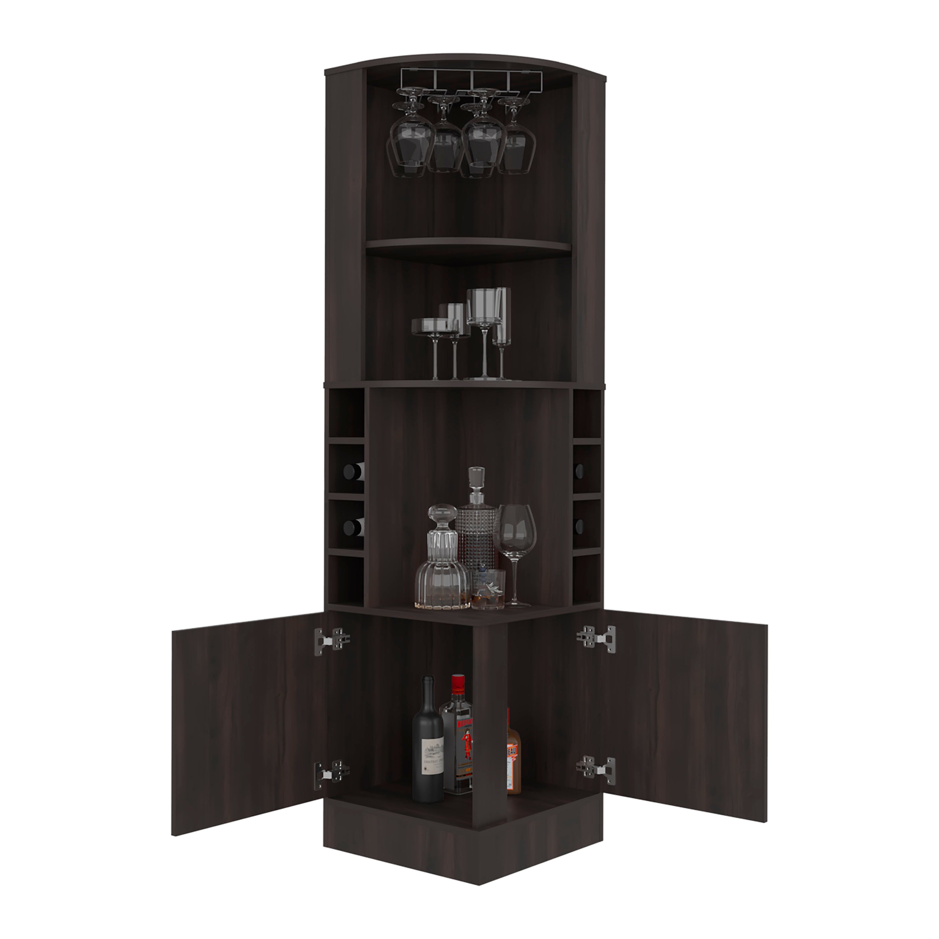 Cairo Corner Bar Cabinet with Double Door Cabinet, Glass Rack, Eight Built-in Wine Rack, Dark Walnut
