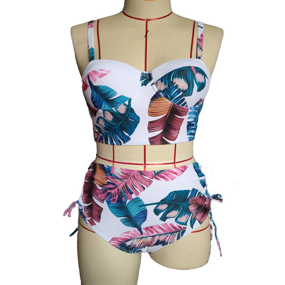 New High-Waisted Tie Bikini with Leaf Print for Women