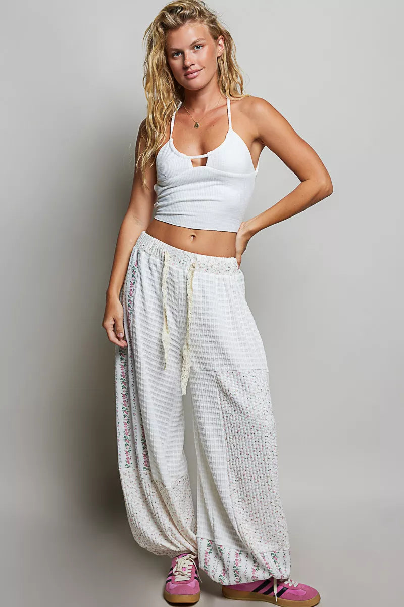 POL Patchwork Mixed Knit Wide Leg Pants