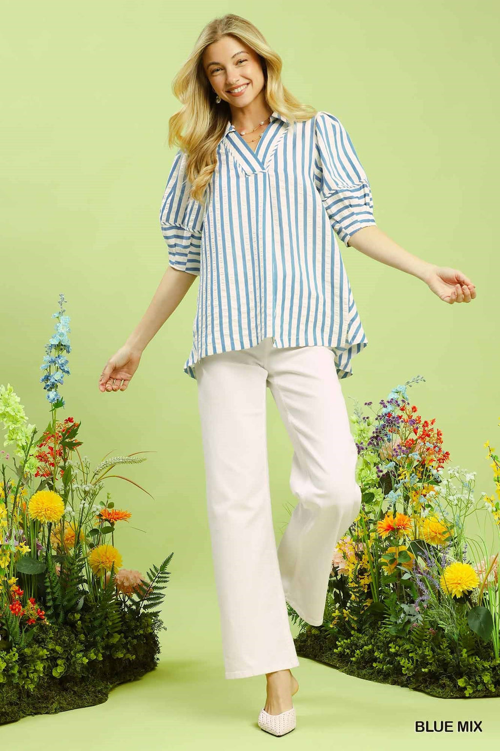 Umgee Striped Puff Sleeve Blouse