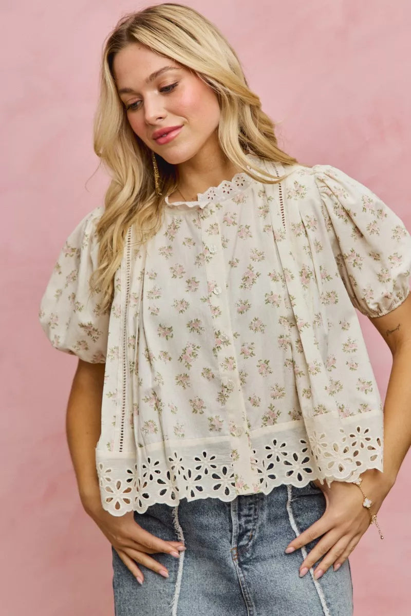 SO ME Floral Print Lace Trim Short Sleeves Blouse