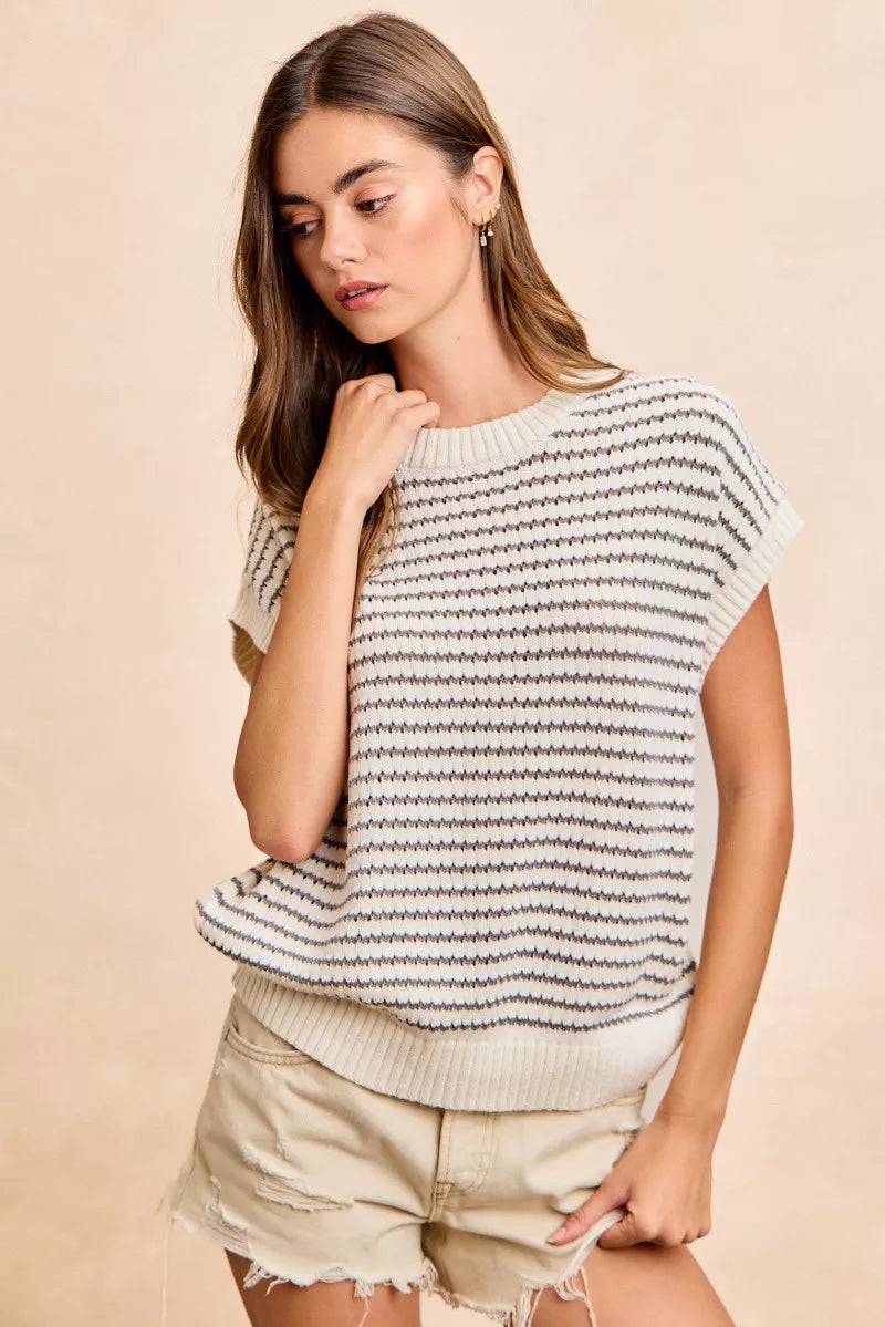 BiBi Pointelle Stripes Sleeveless Drop Shoulder Lightweight Sweater Top