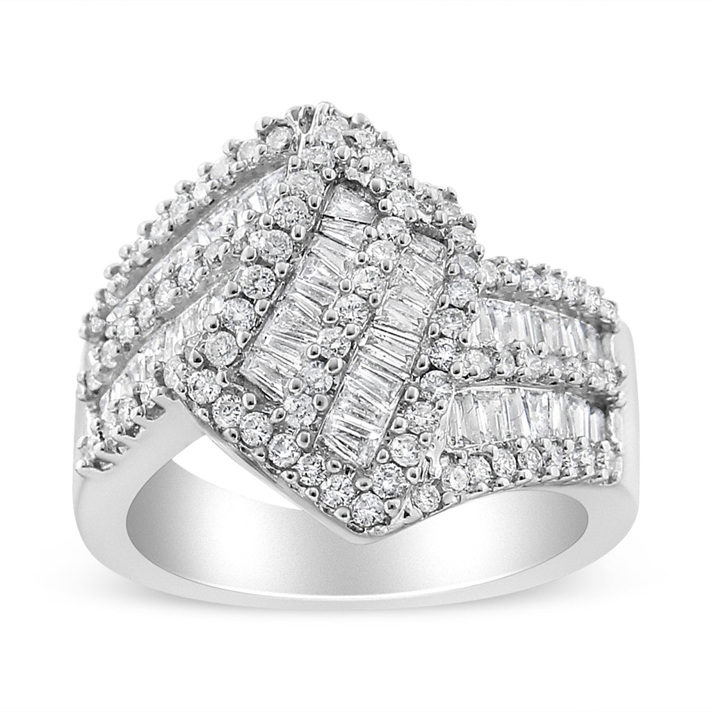 14K White Gold 1-1/2 Cttw Round and Baguette Diamond Bypass Cocktail Ring Band (H-I Color, SI1-SI2 Clarity) - Size 7