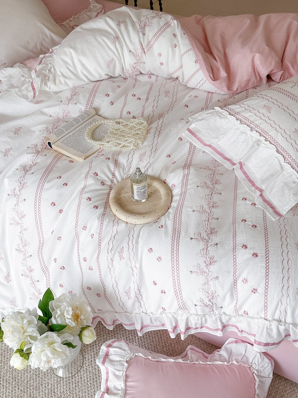 Embroidered French Lace Ruffle Duvet Cover / Pink