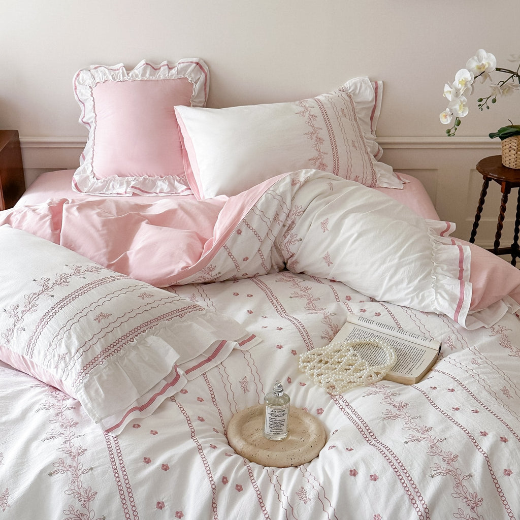 Embroidered French Lace Ruffle Pillowcases / Pink