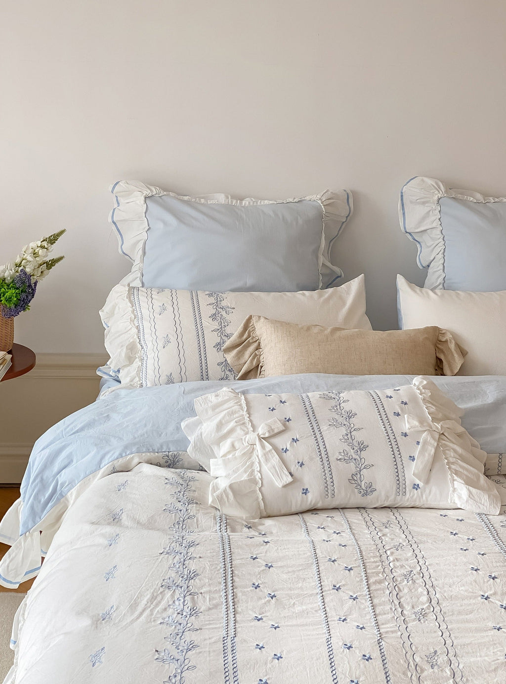 Embroidered French Lace Ruffle Bedding Set / Pink