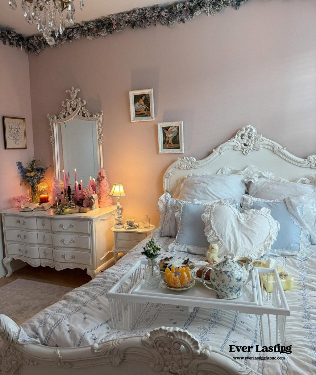 Embroidered French Lace Ruffle Bedding Set / Pink