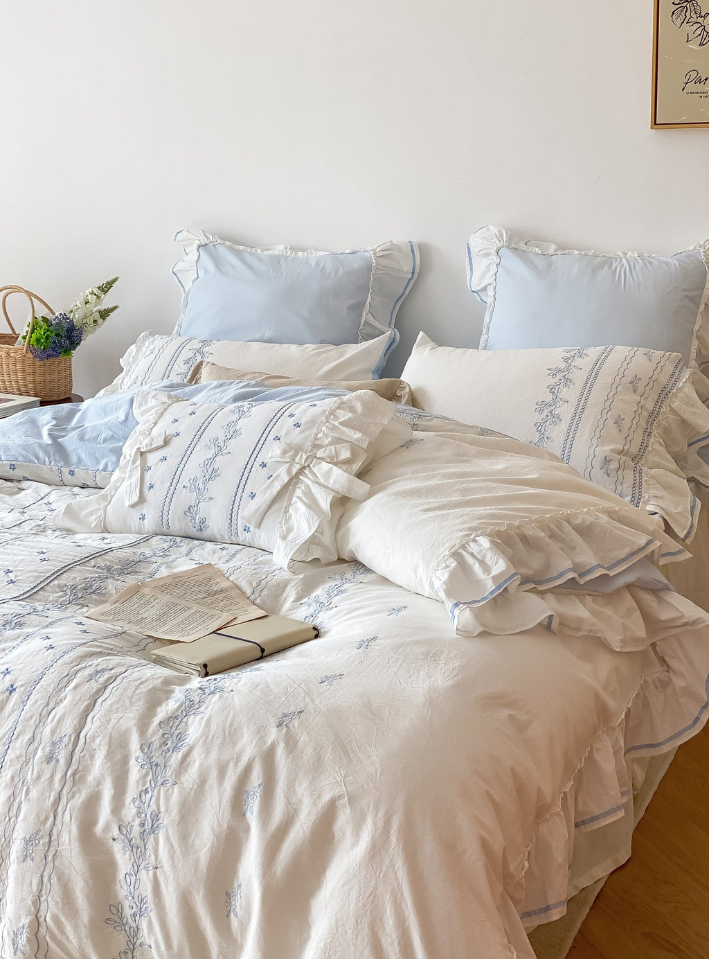 Embroidered French Lace Ruffle Bedding Set / Pink