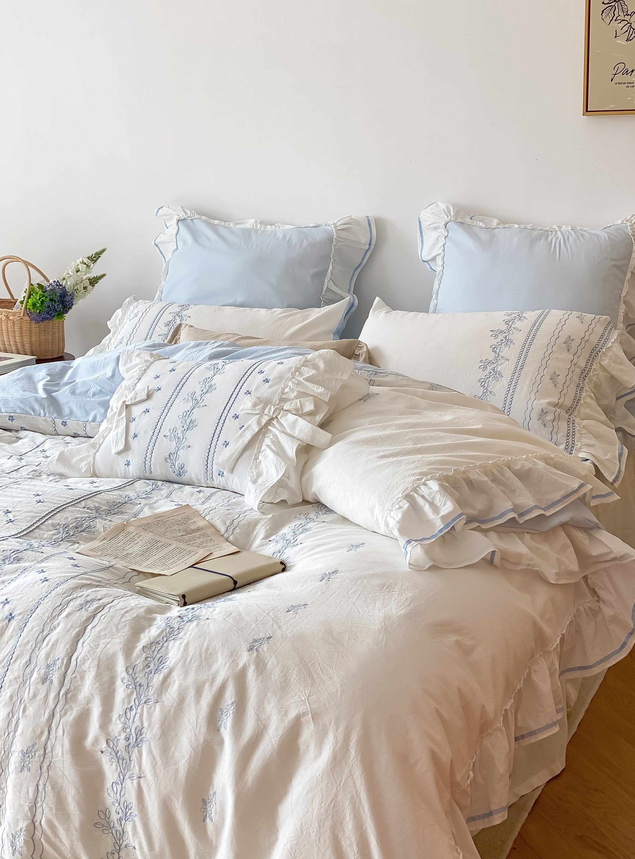 Embroidered French Lace Ruffle Bedding Set / Pink