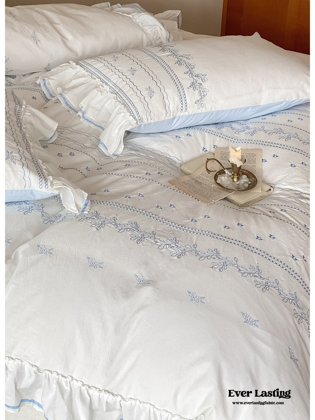 Embroidered French Lace Ruffle Bedding Set / Pink