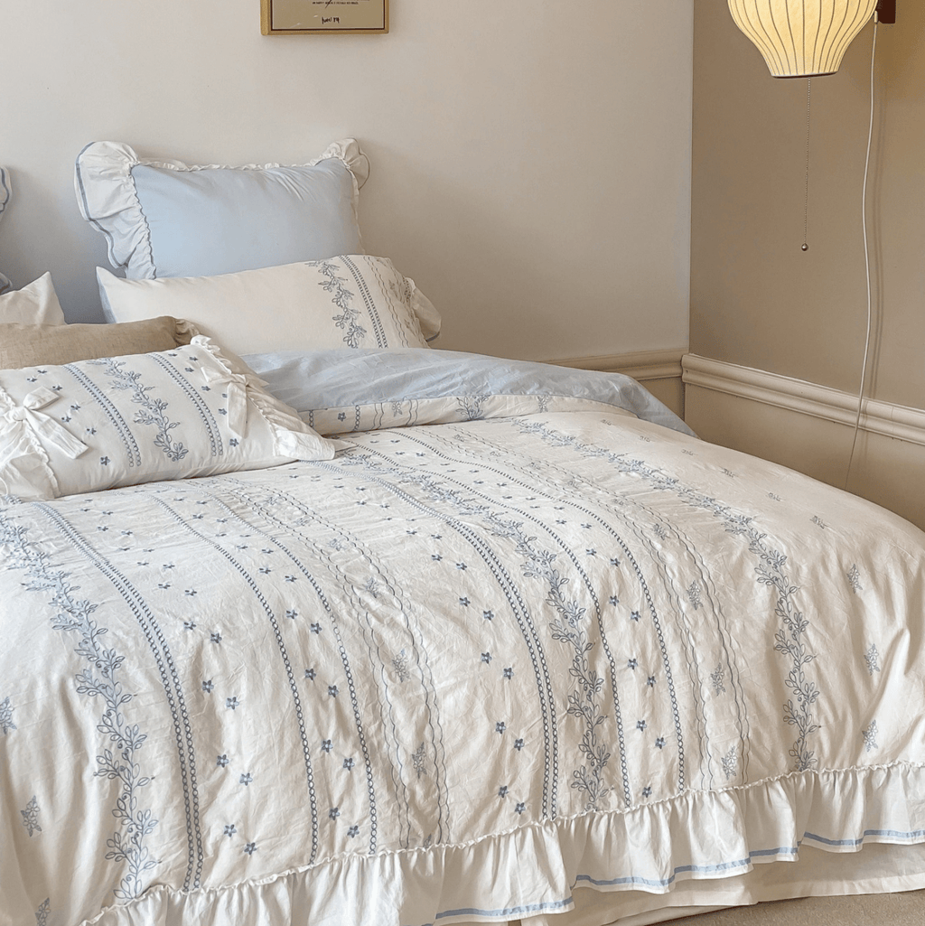 Embroidered French Lace Ruffle Duvet Cover / Blue