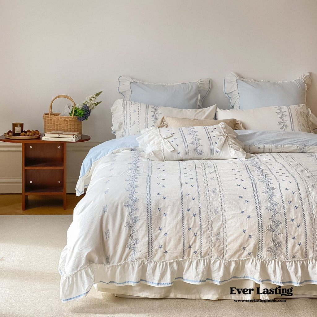 Embroidered French Lace Ruffle Duvet Cover / Pink