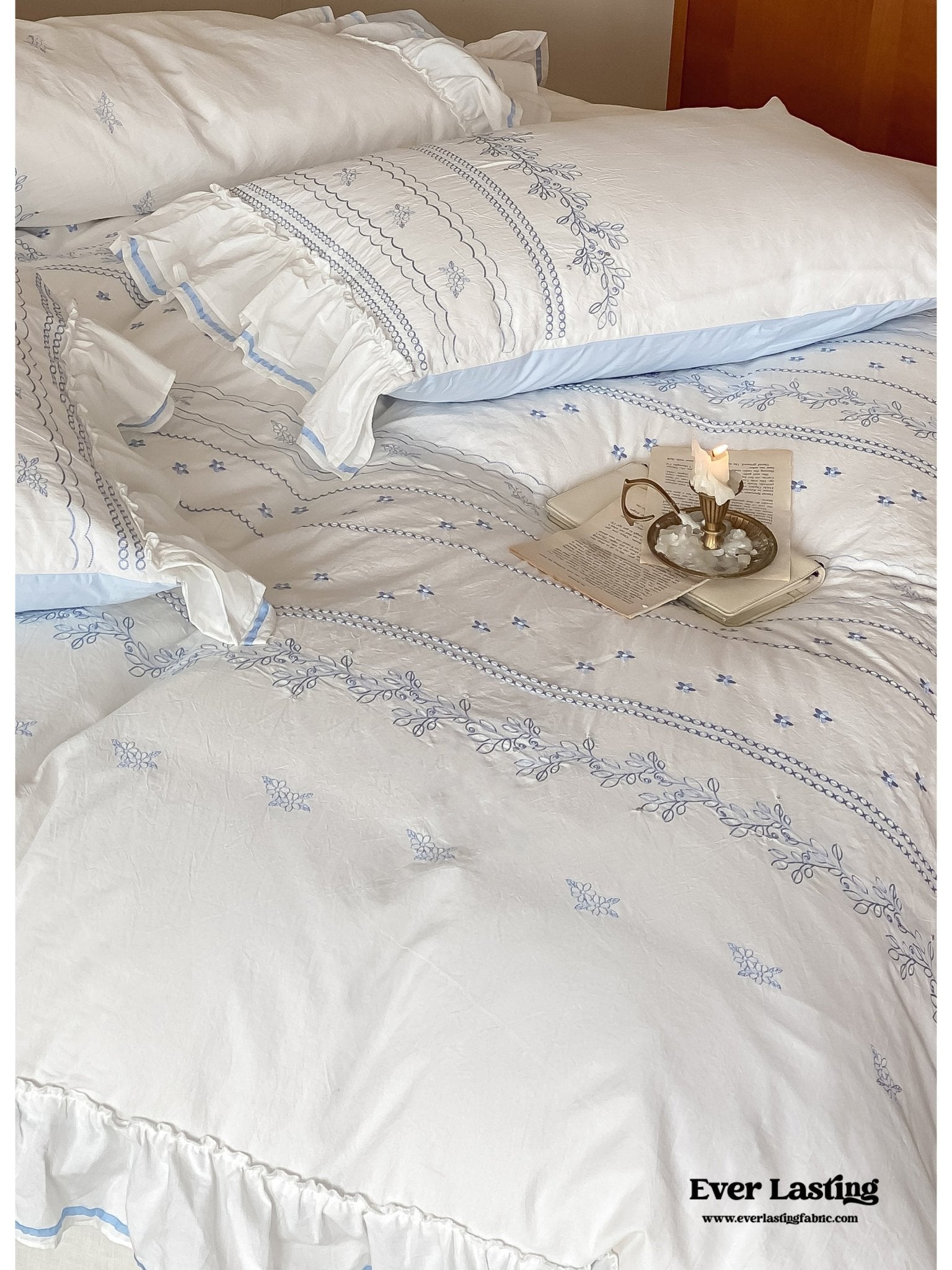 Embroidered French Lace Ruffle Duvet Cover / Pink