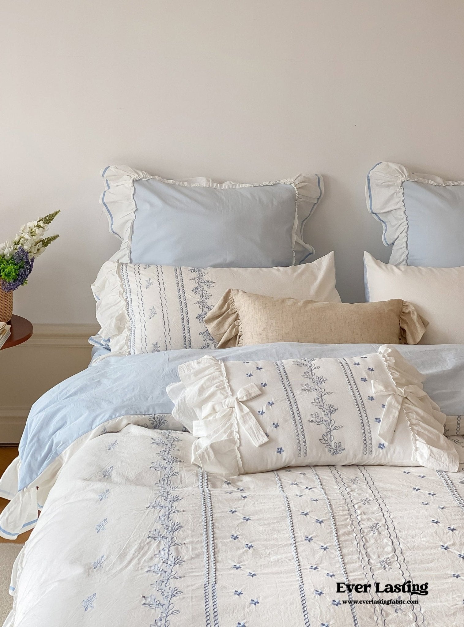 Embroidered French Lace Ruffle Duvet Cover / Pink