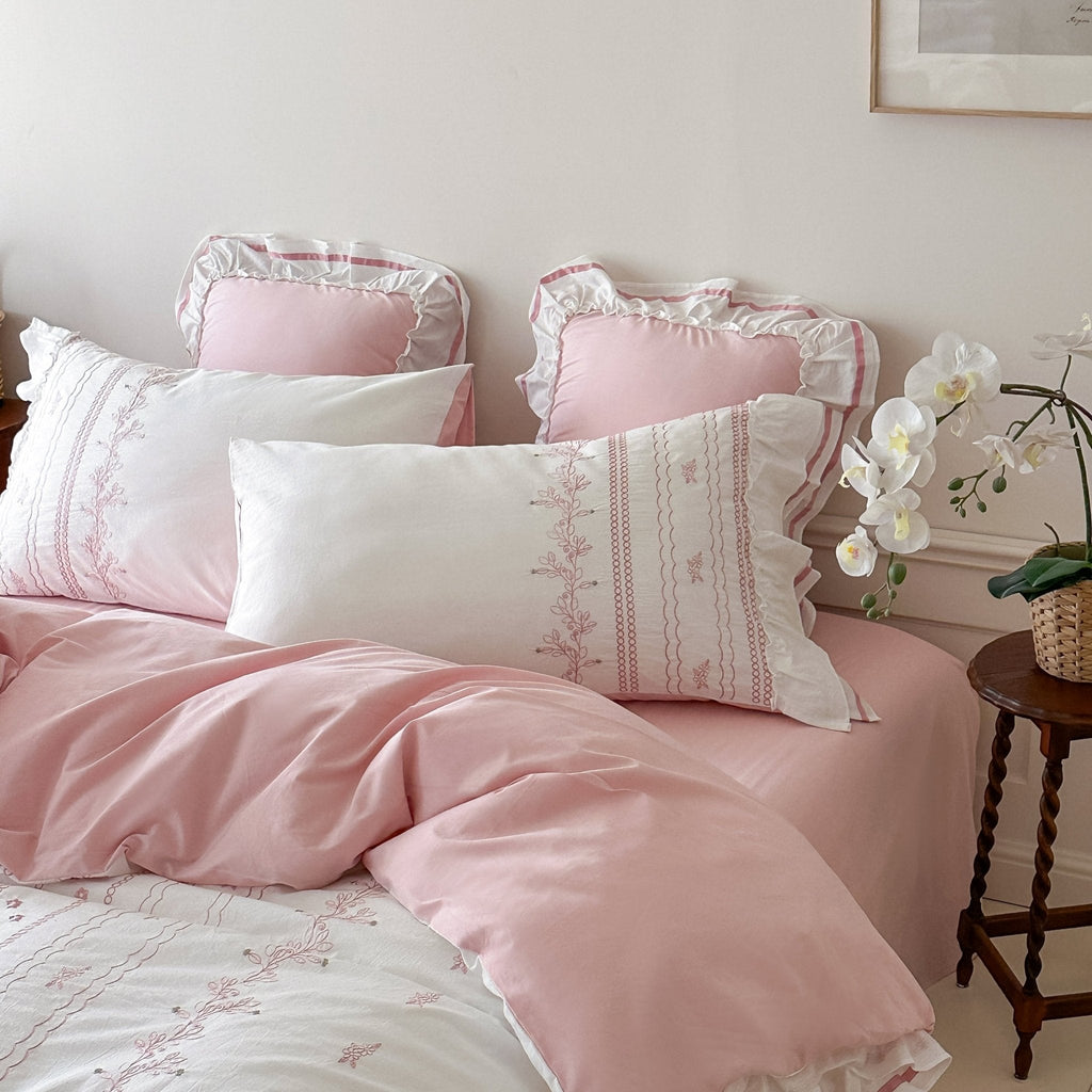 Embroidered French Lace Ruffle Pillowcases / Pink