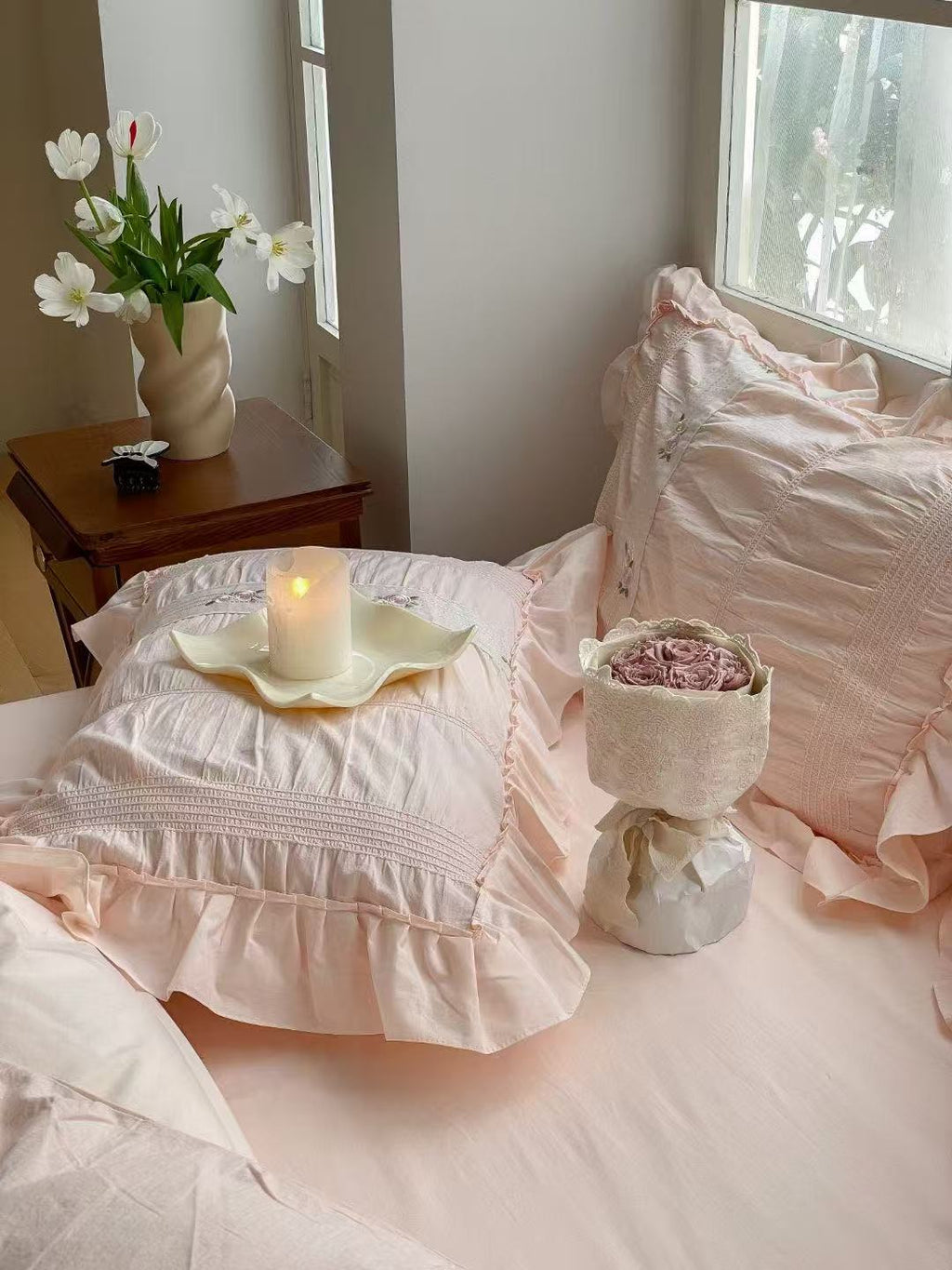 Embroidered Lace Ruffle Bedding Set / Pink