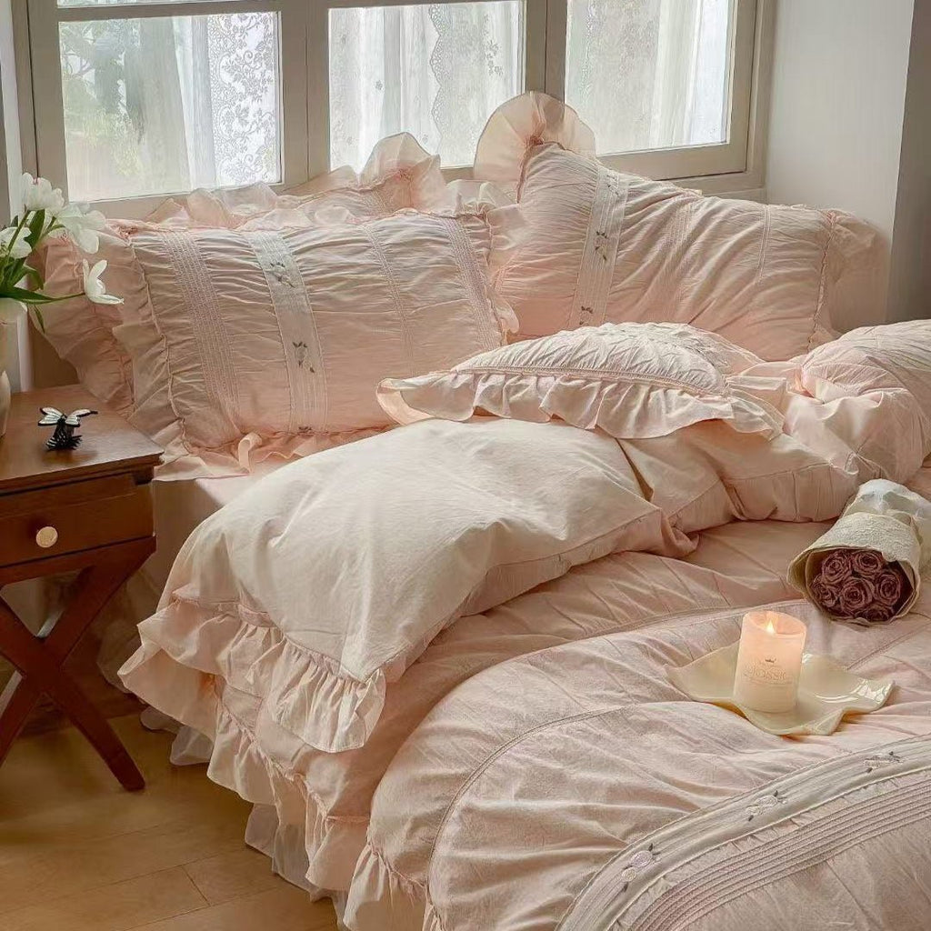 Embroidered Lace Ruffle Bedding Set / Pink