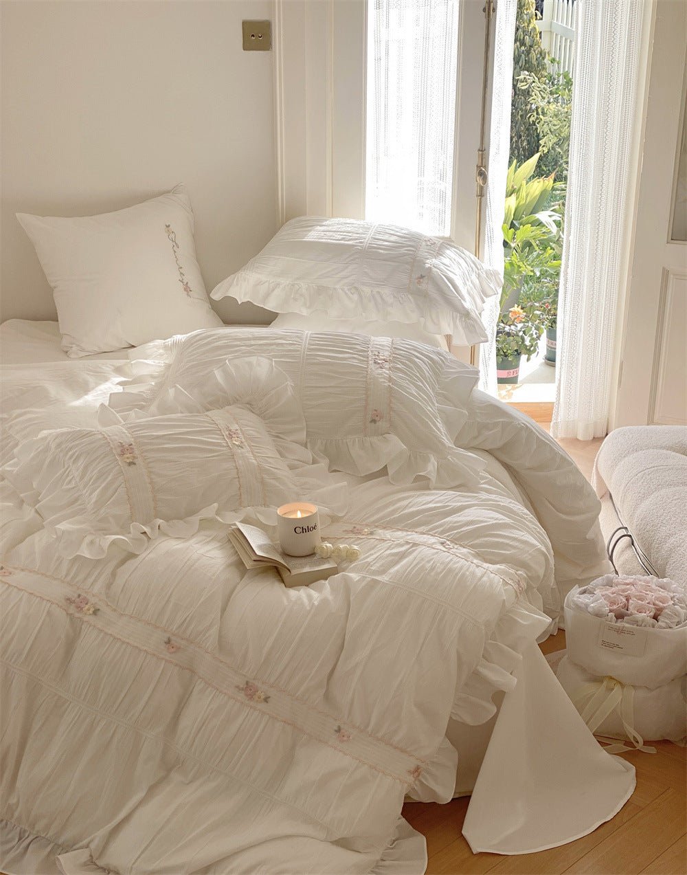 Embroidered Lace Ruffle Bedding Set / Pink