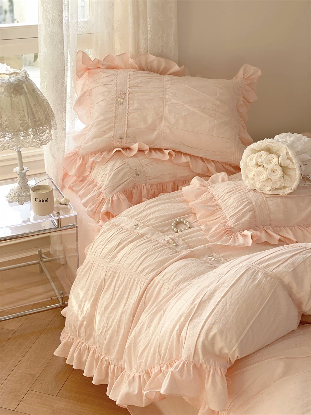 Embroidered Lace Ruffle Bedding Set / White