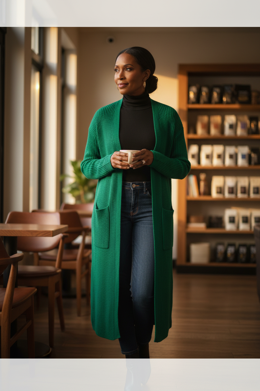 Emerald Green Long Ribbed Cardigan – Open Front Maxi Sweater