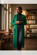 Emerald Green Long Ribbed Cardigan – Open Front Maxi Sweater