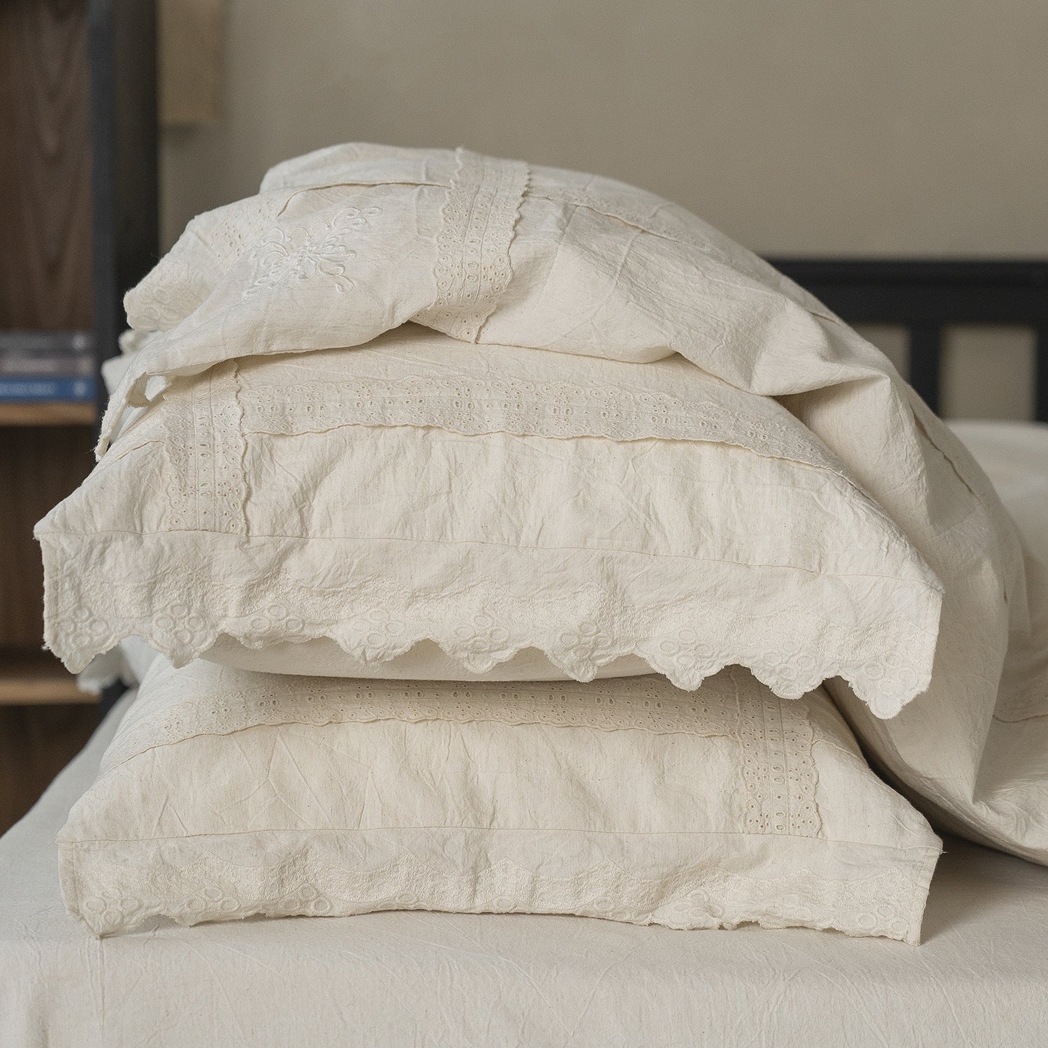 Esme French Linen Cotton Embroidered Floral Bedding Set / White