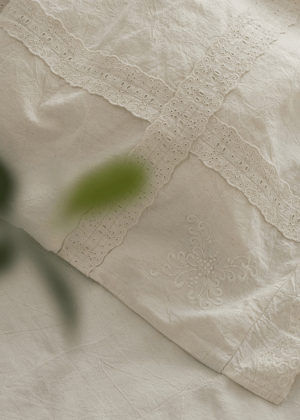 Esme French Linen Cotton Embroidered Floral Bedding Set / White