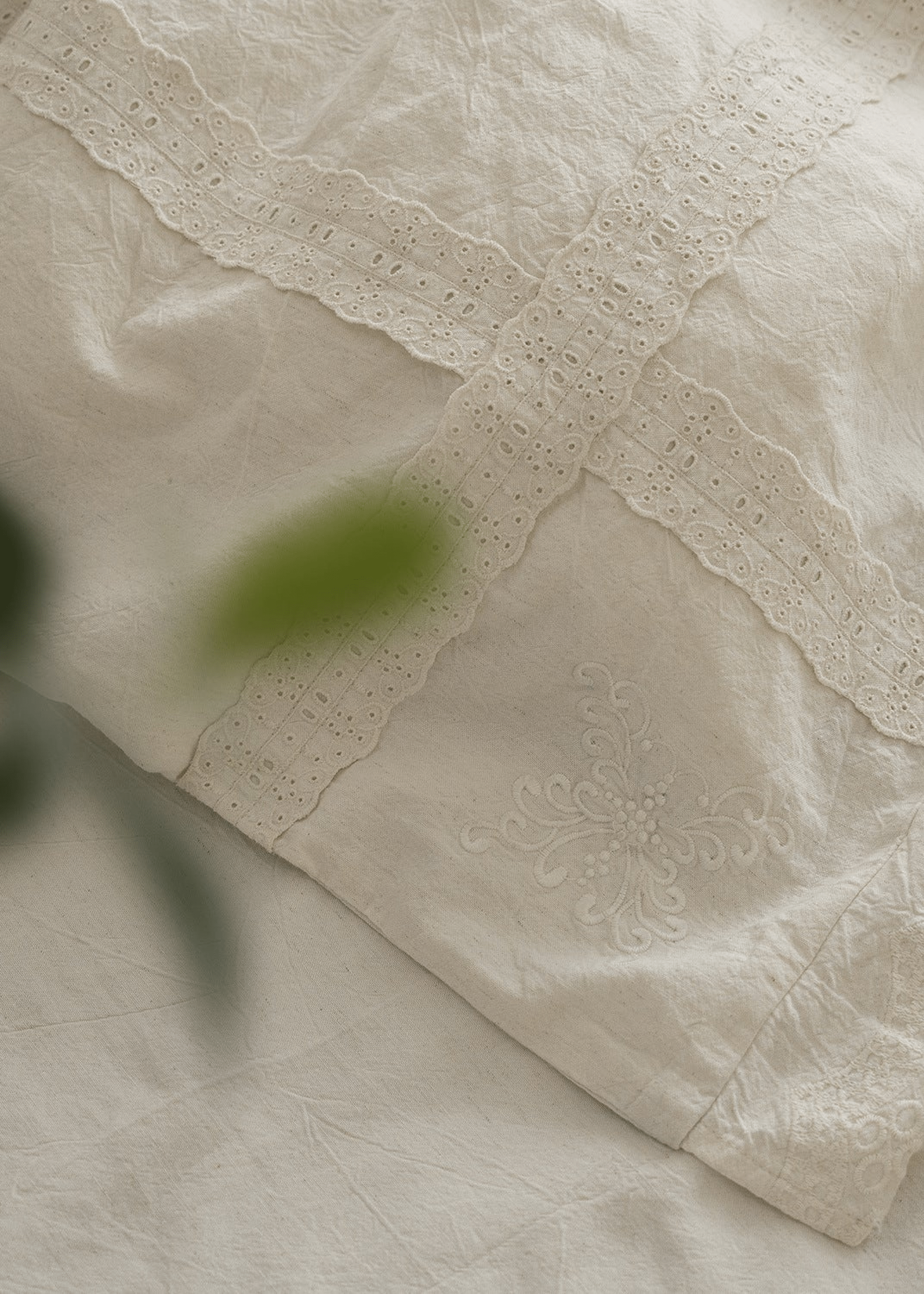 Esme French Linen Cotton Embroidered Floral Bedding Set / White