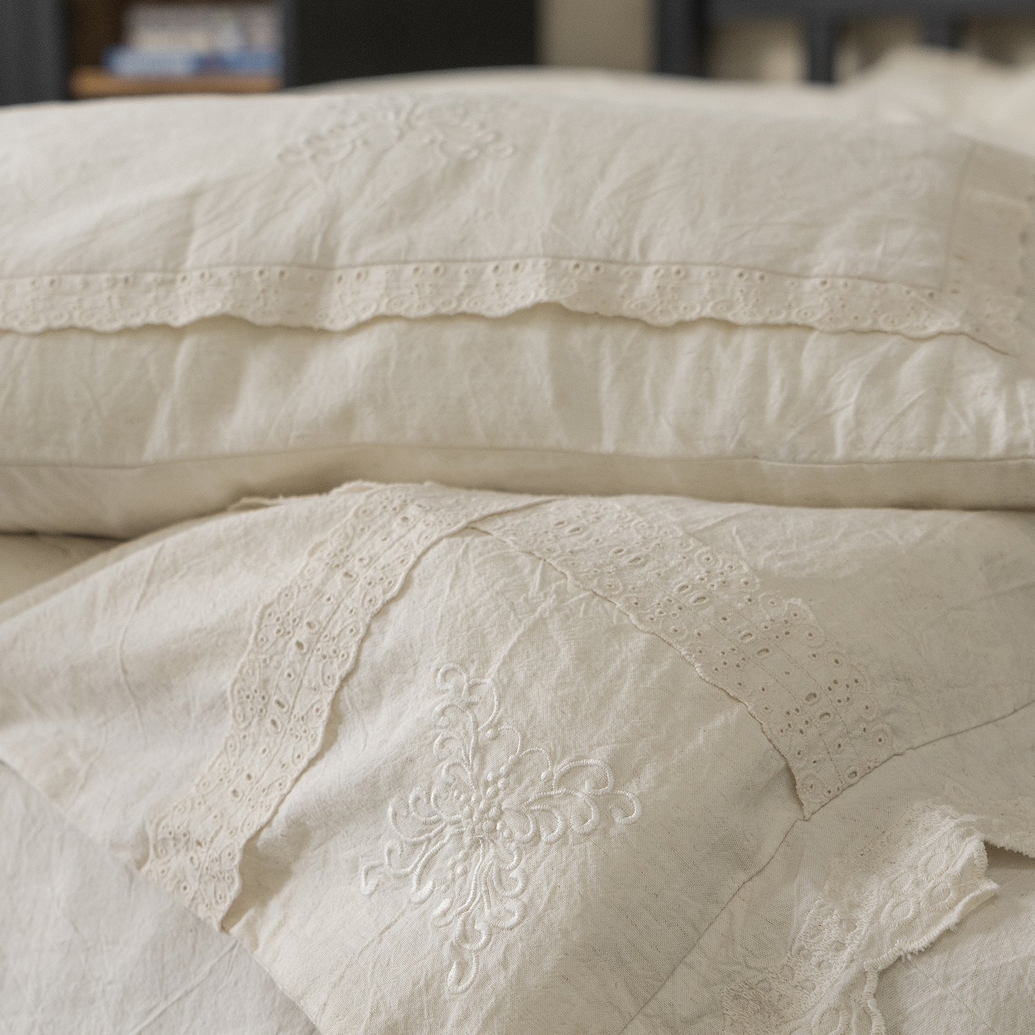 Esme French Linen Cotton Embroidered Floral Bedding Set / White