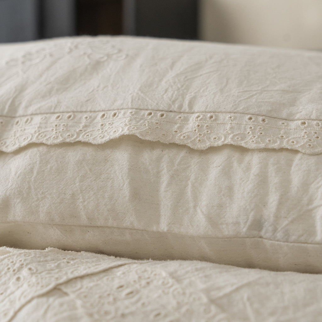 Esme French Linen Cotton Embroidered Floral Bedding Set / White