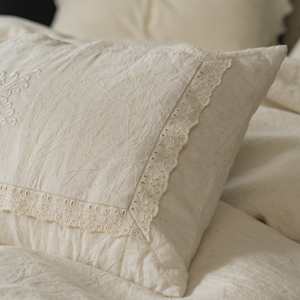 Esme French Linen Cotton Embroidered Floral Bedding Set / White