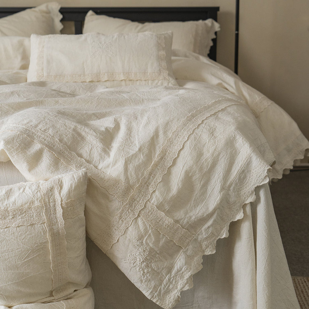 Esme French Linen Cotton Embroidered Floral Bedding Set / White