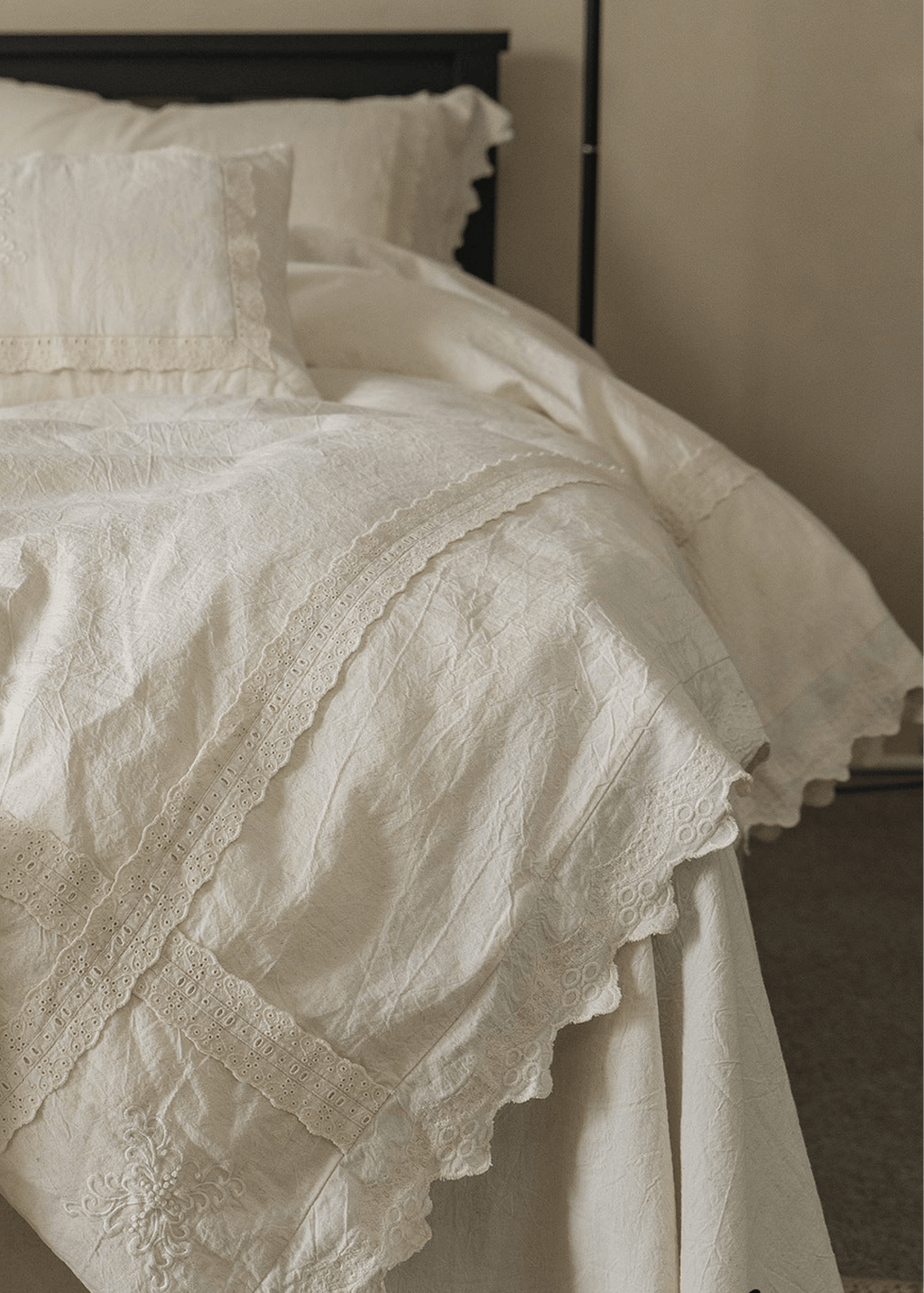 Esme French Linen Cotton Embroidered Floral Bedding Set / White