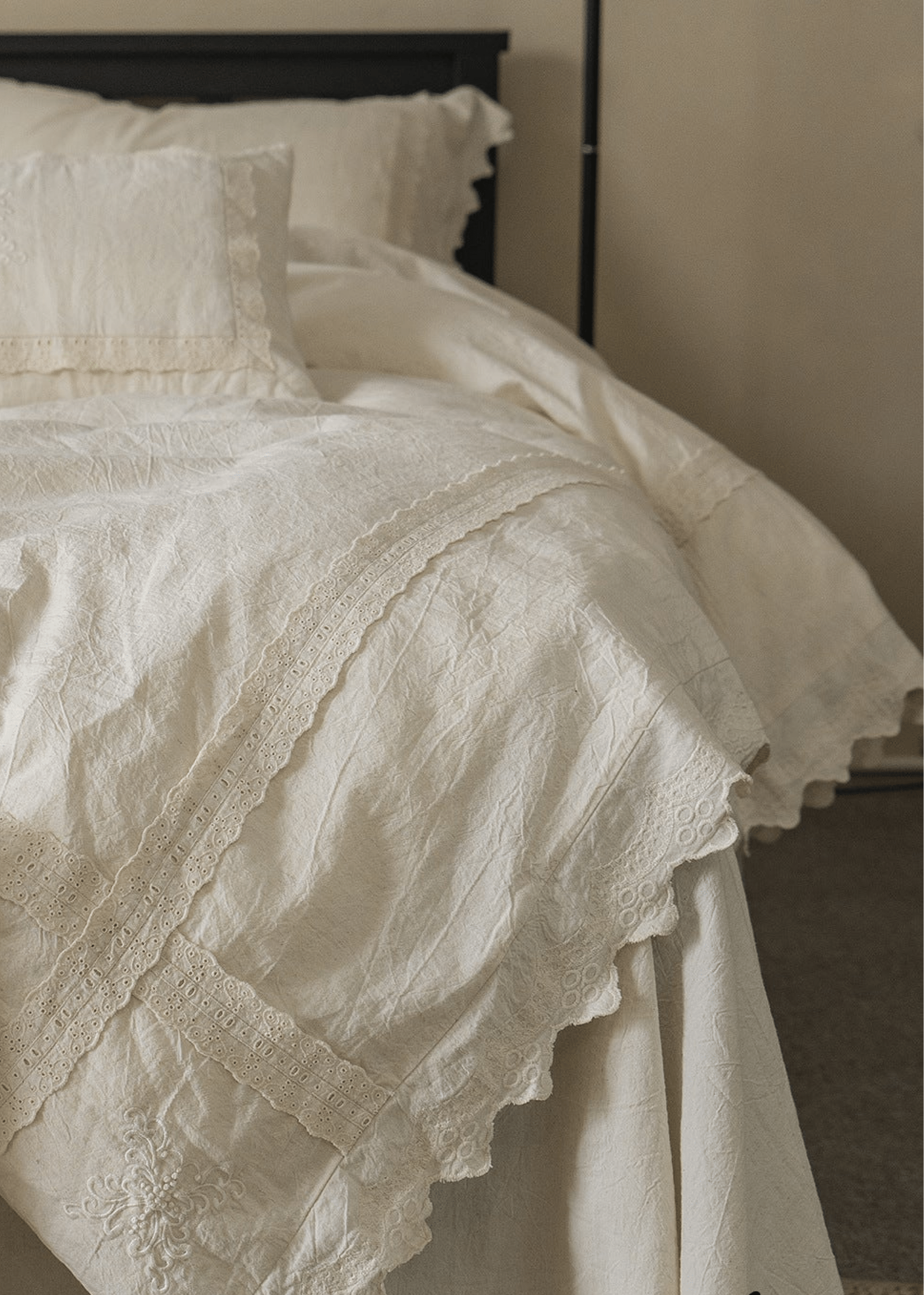 Esme French Linen Cotton Embroidered Floral Bedding Set / White