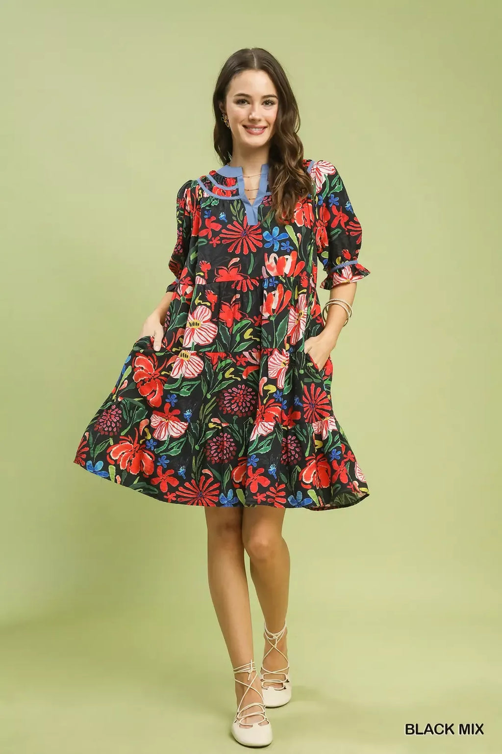 Umgee Floral Tiered Puff Sleeve Dress