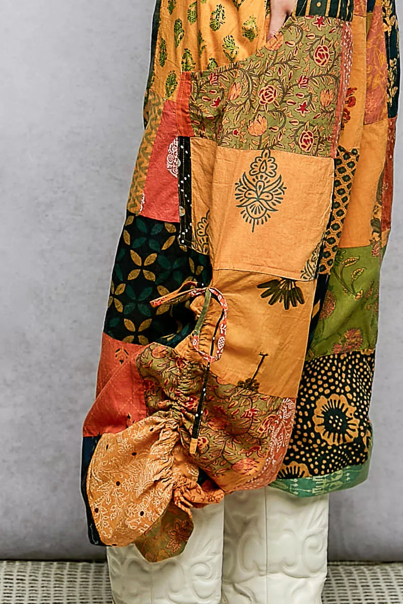 POL Printed Patchwork Wide Leg Pants with Adjustable Side Drawstring